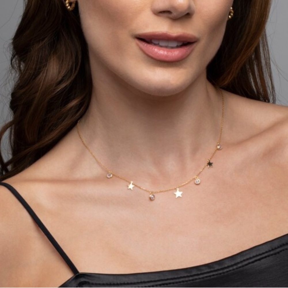 18k Gold Plated Star and Round CZ Charm Necklace. New. - Picture 5 of 9